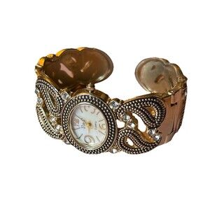 Women's Vivani Cuff Bracelet Watch With Crystal Accents New Battery Gold Tone
